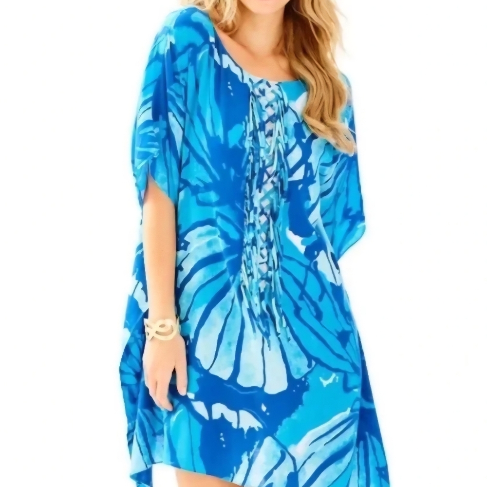 Lilly Pulitzer Stylish Lindamarie Caftan Sparkling Blue "Get Inky" Cover-Up - Picture 13 of 13